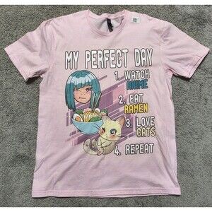 Anime Cat Ramen Graphic Novelty Tee Kawaii T-Shirt Size L Large Unisex Pink